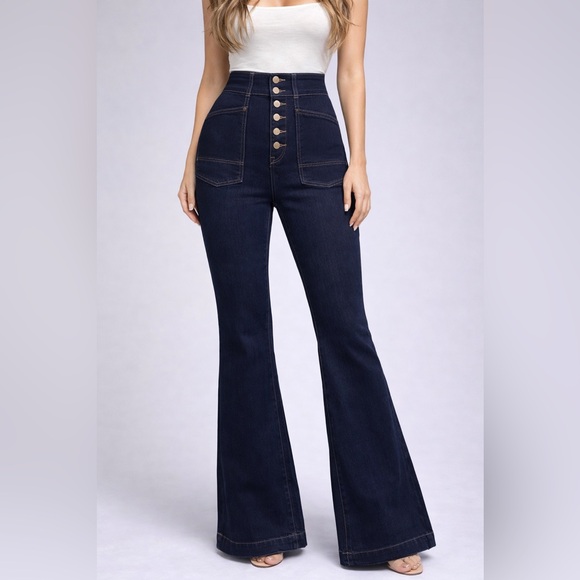boutique Denim - J533. Dark Blue Flare Jeans with Button-Fly